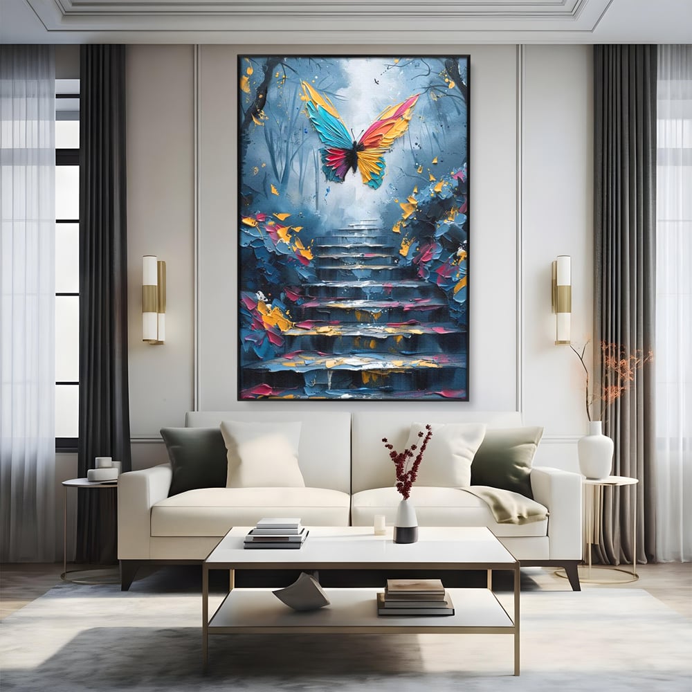 Tablou canvas cu tablou canvas cu fluture multicolor si scari, in rama de aluminiu negru, pe perete intr-un living